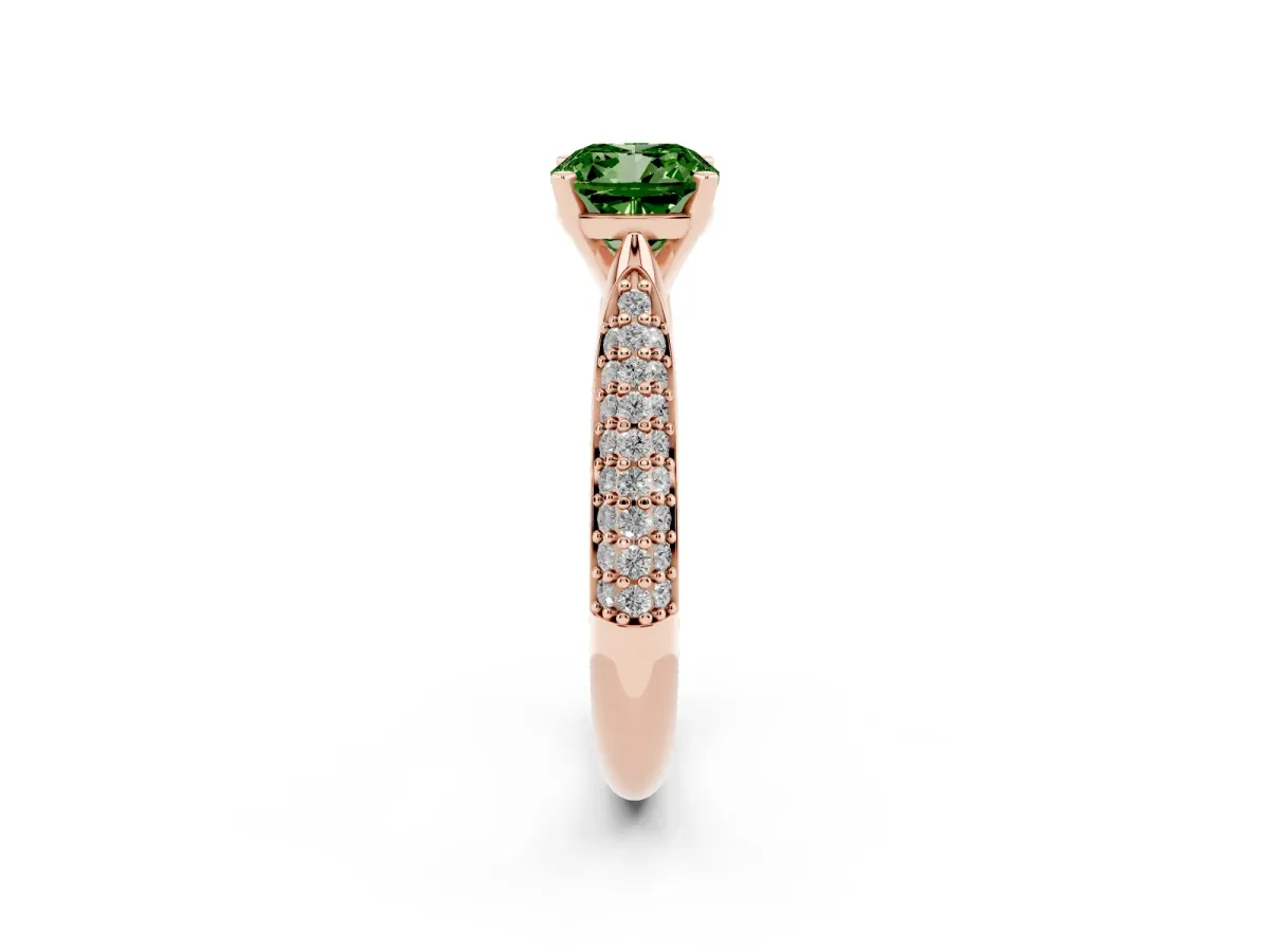 Fancy Green Cushion Cut Diamond Solitaire Engagement Ring with Multi-Row Round Pavé Band and Prong Setting Rose gold
