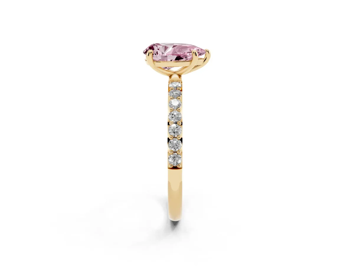 Fancy Pink Pear Cut Diamond Solitaire Ring with Round Pavé Band and Prong Setting Yellow gold