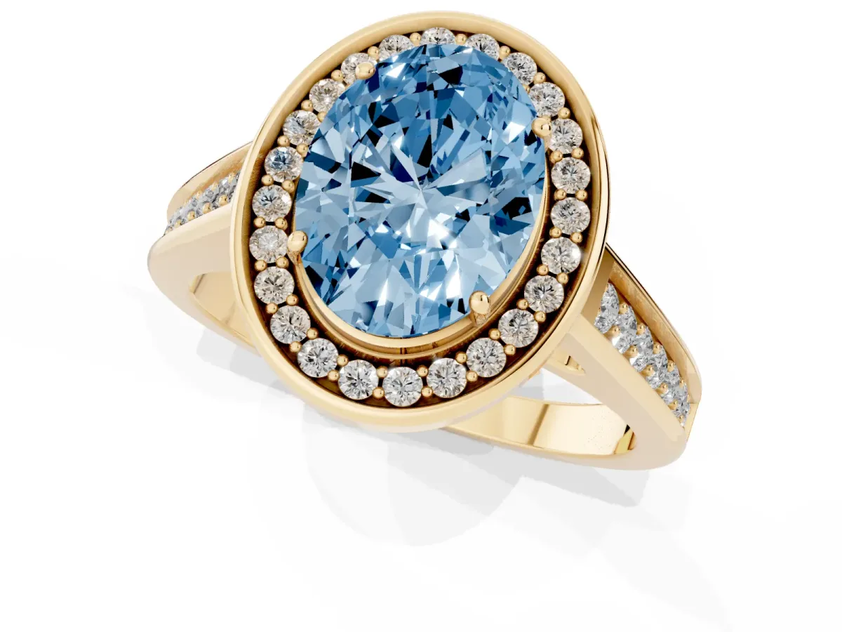Fancy Blue Oval Cut Halo Solitaire Diamond Ring with Pave Band and Bezel Setting Yellow gold