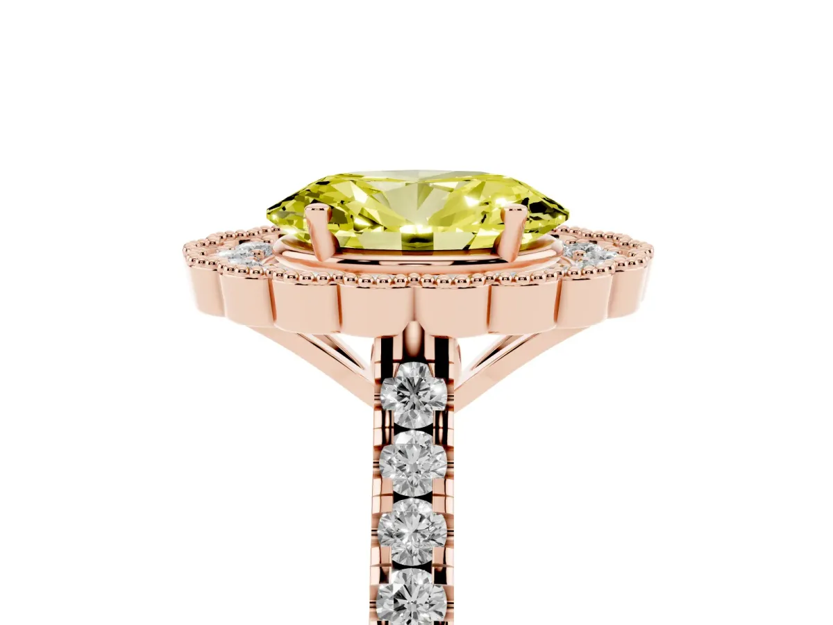 Fancy Yellow Oval Cut Cut Diamond Milgrain Floral Halo Engagement Ring with Pavé Band Rose gold