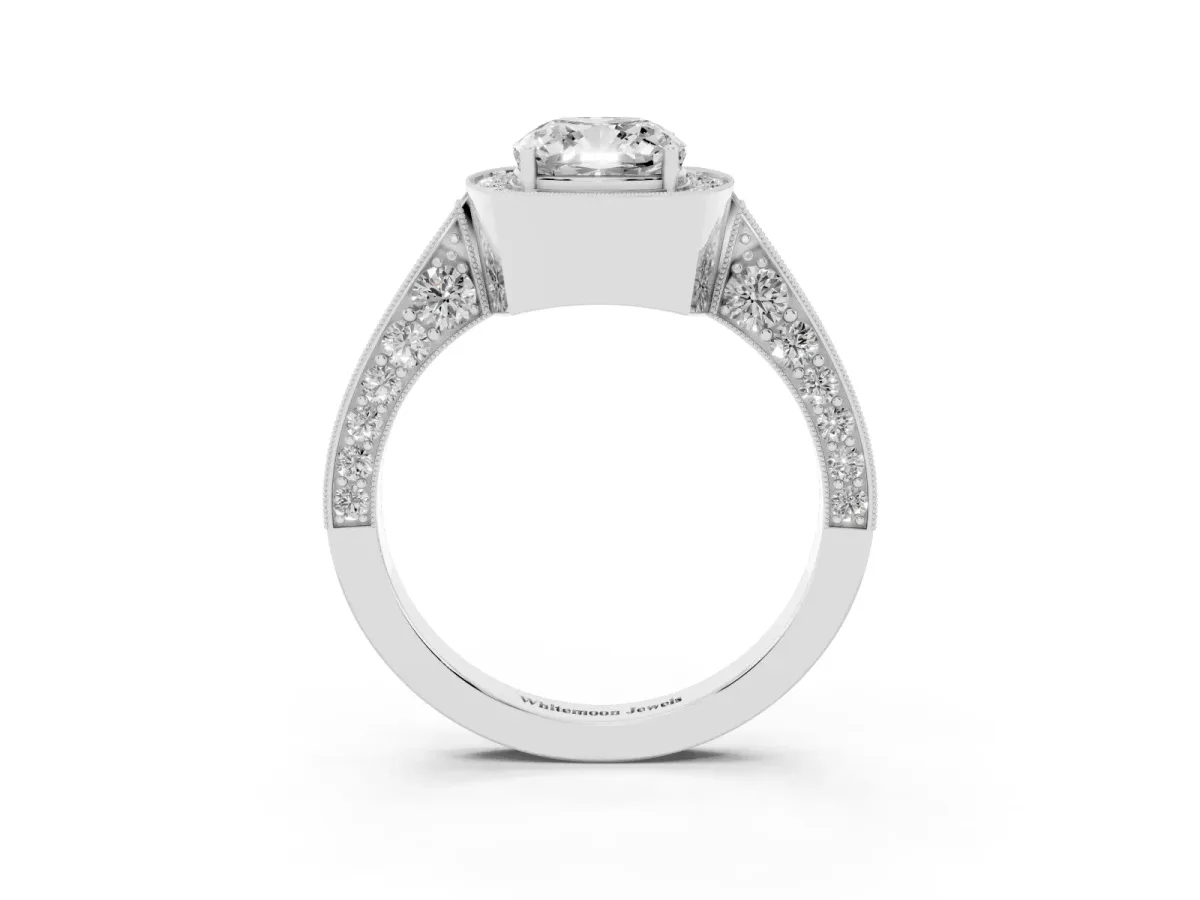 Cushion Cut Halo Diamond Engagement Ring with Split Shank Band and Four-Prong Setting Silver