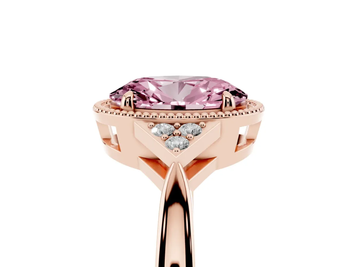 Fancy Pink Oval Cut Diamond Halo Ring with Tapered Band and Four-Prong Setting Rose gold