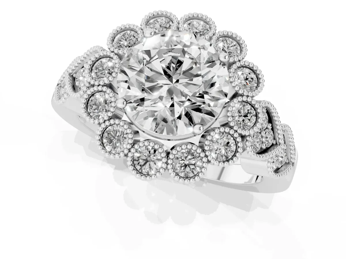 Round Cut Brilliant Milgrain Pave Heart Band Solitaire Ring Silver