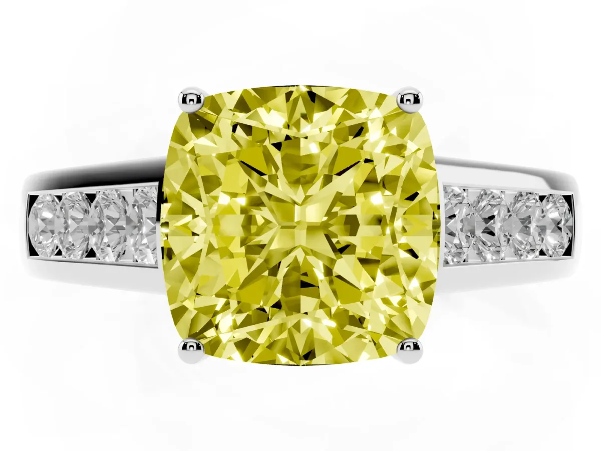 Fancy Yellow Cushion Cut Brilliant Channel-Set Solitaire Ring with Four-Prong Setting Platinum