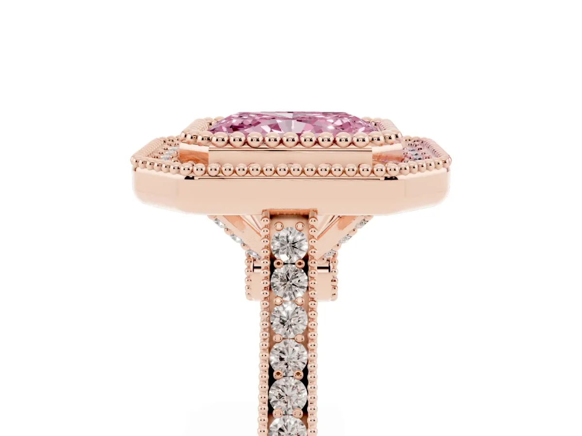 Fancy Pink Radiant Cut Diamond Halo Ring with Milgrain Frame and Pavé Band Rose gold