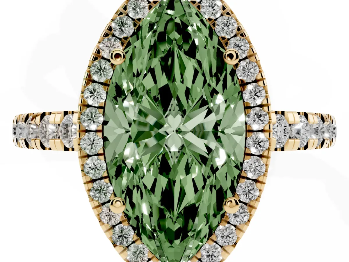 Fancy Green Marquise Cut Diamond Halo Ring with Pavé Band and Four-Prong Setting Yellow gold