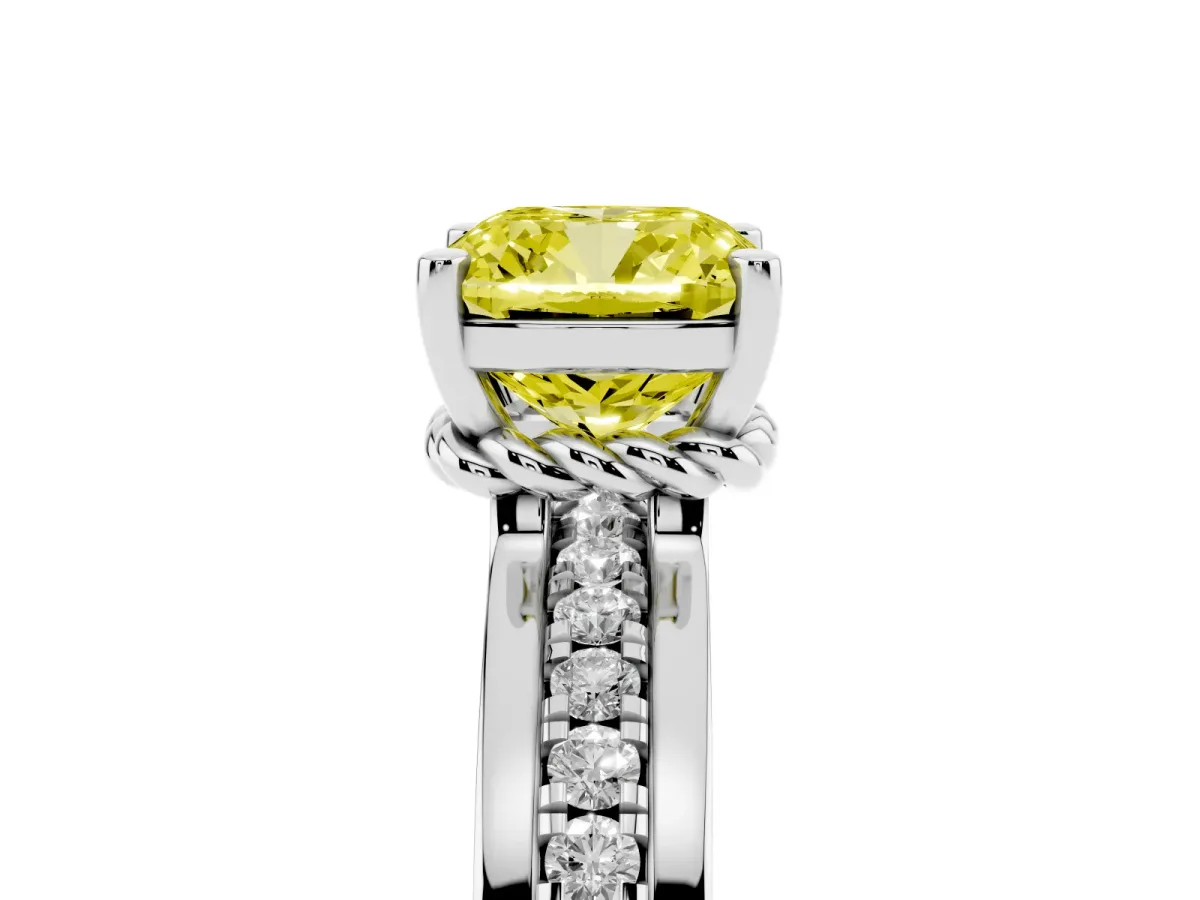 Fancy Yellow Cushion Cut Solitaire Diamond Ring with Channel Set Band and Six-Prong Setting Platinum