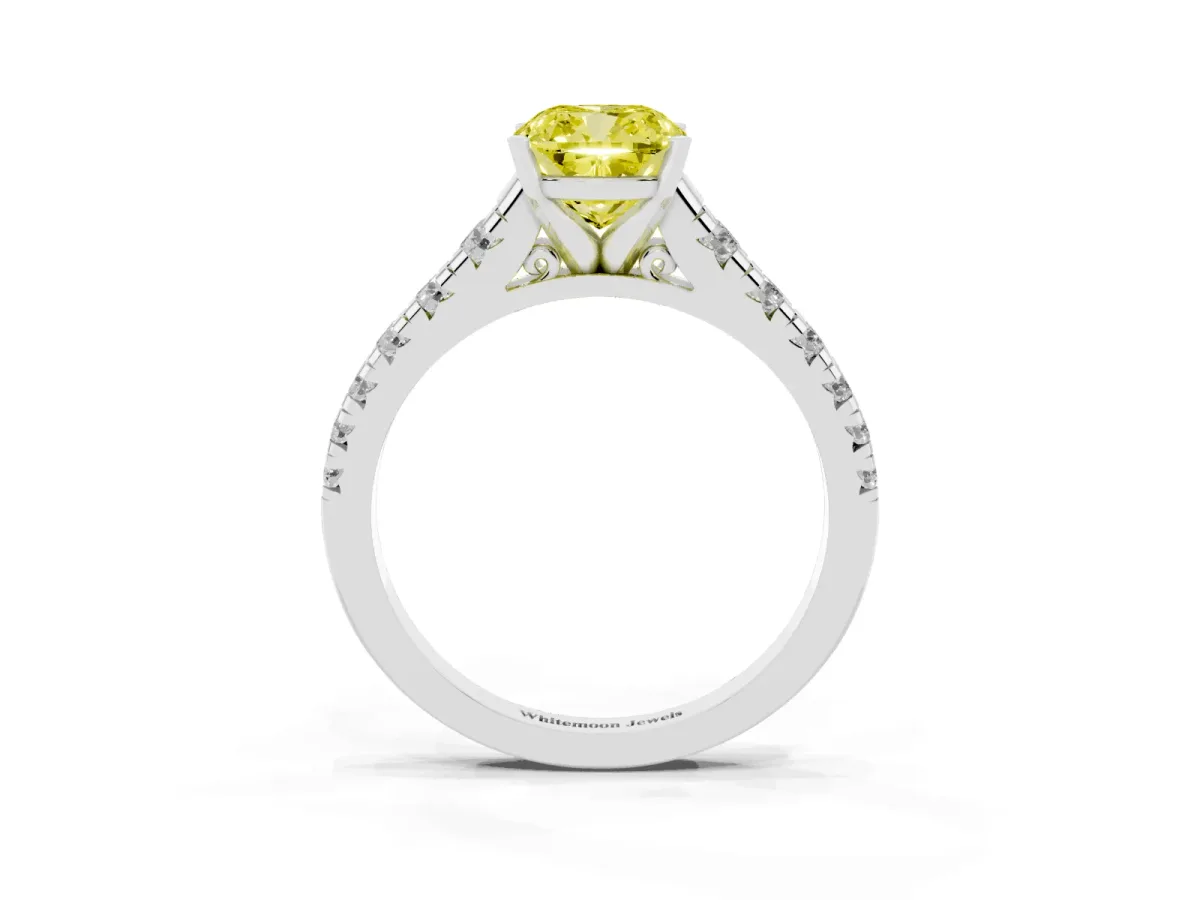 Fancy Yellow Cushion Cut Diamond Cathedral Solitaire Ring with Round Pavé Band Silver