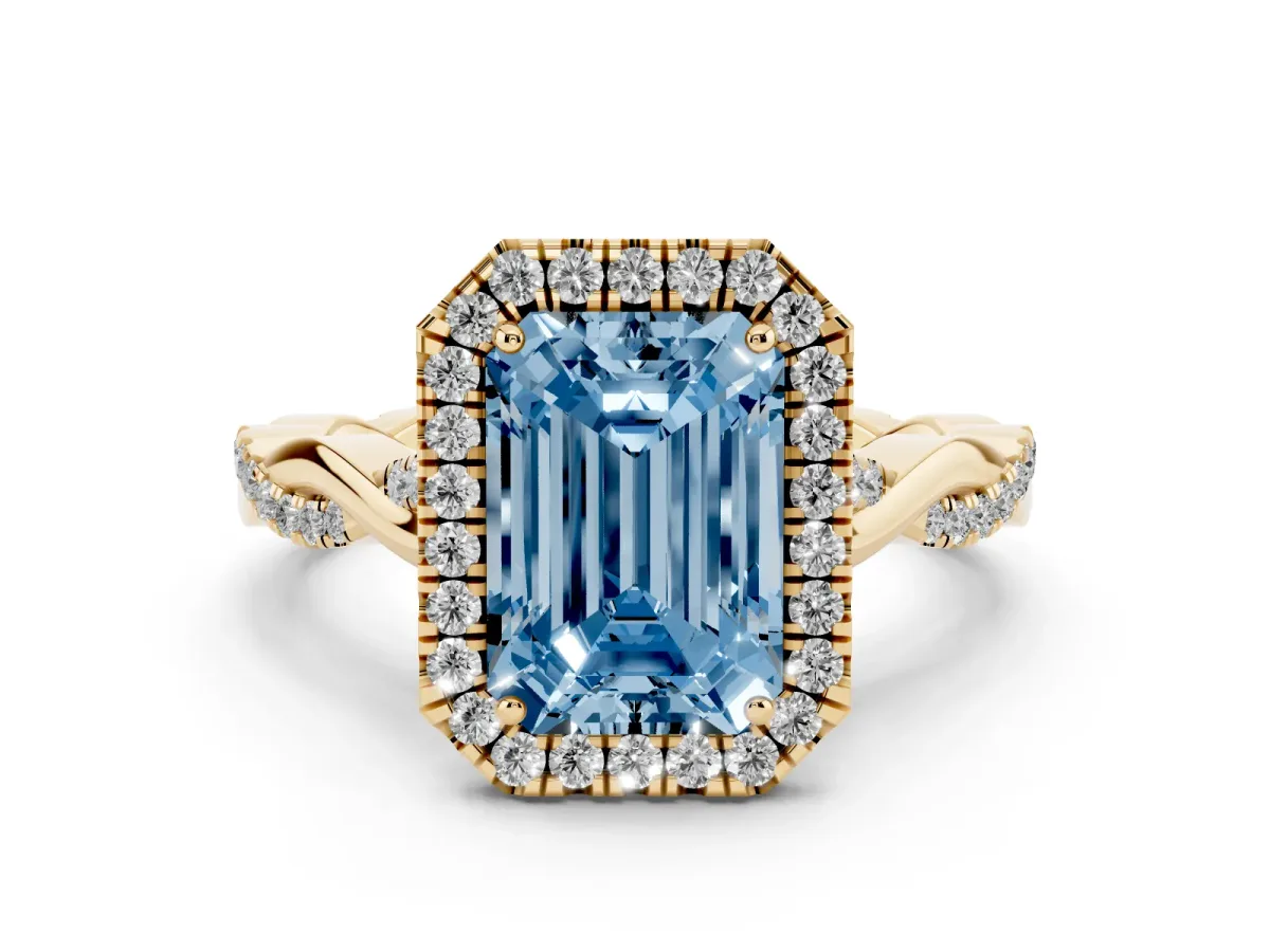 Fancy Blue Emerald Cut Halo Twist Band Solitaire Ring Yellow gold