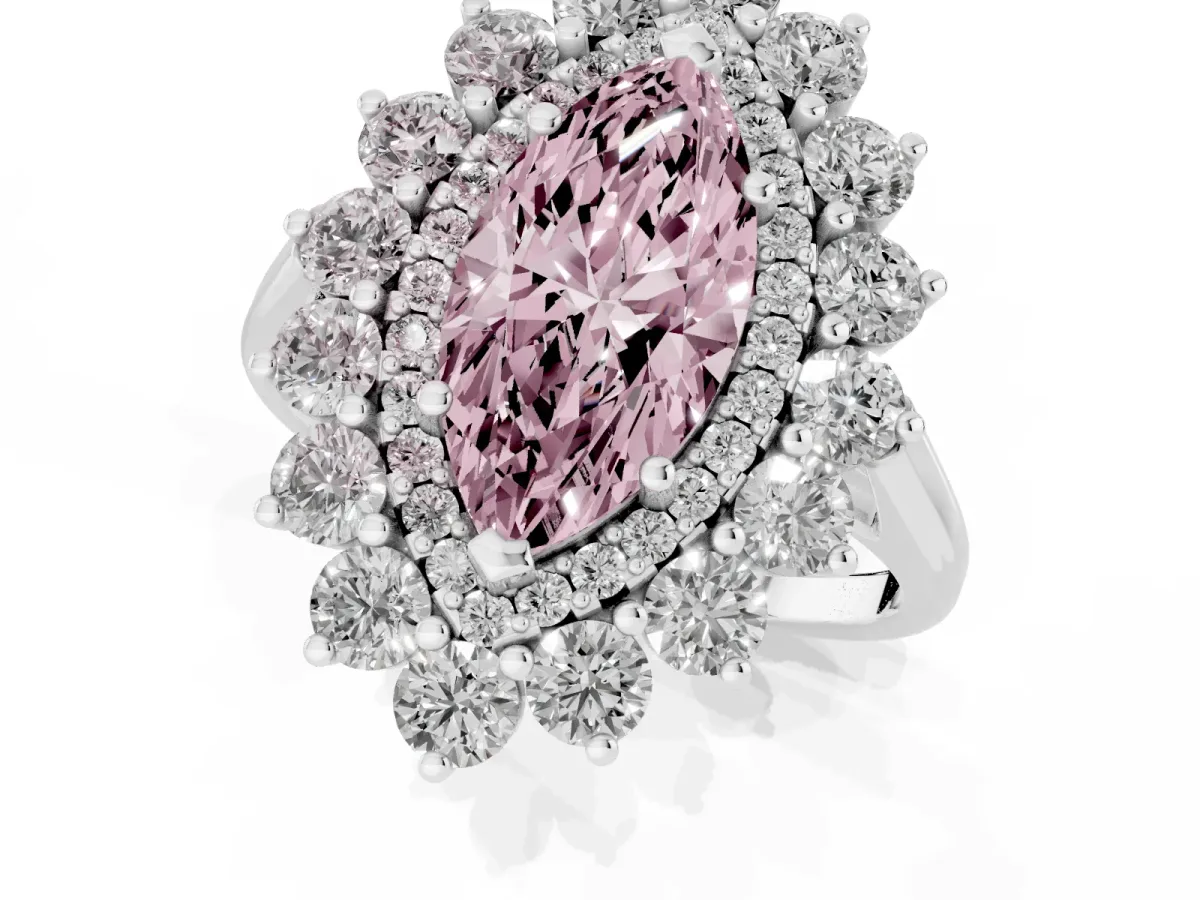 Fancy Pink Marquise Cut Diamond Floral Double Halo Engagement Ring with Prong Setting Silver