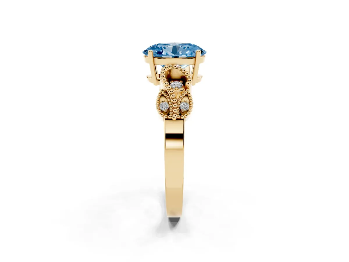 Fancy Blue Oval Cut Solitaire Milgrain Leaf Band with Prong Setting Yellow gold