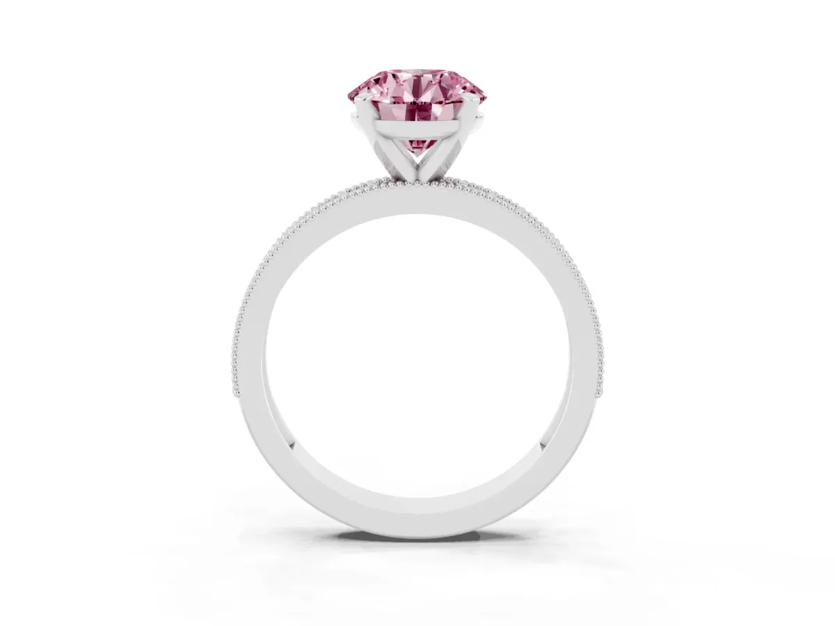 Fancy Pink Round Cut Diamond Milgrain Pavé Engagement Ring with Four-Prong Setting Silver