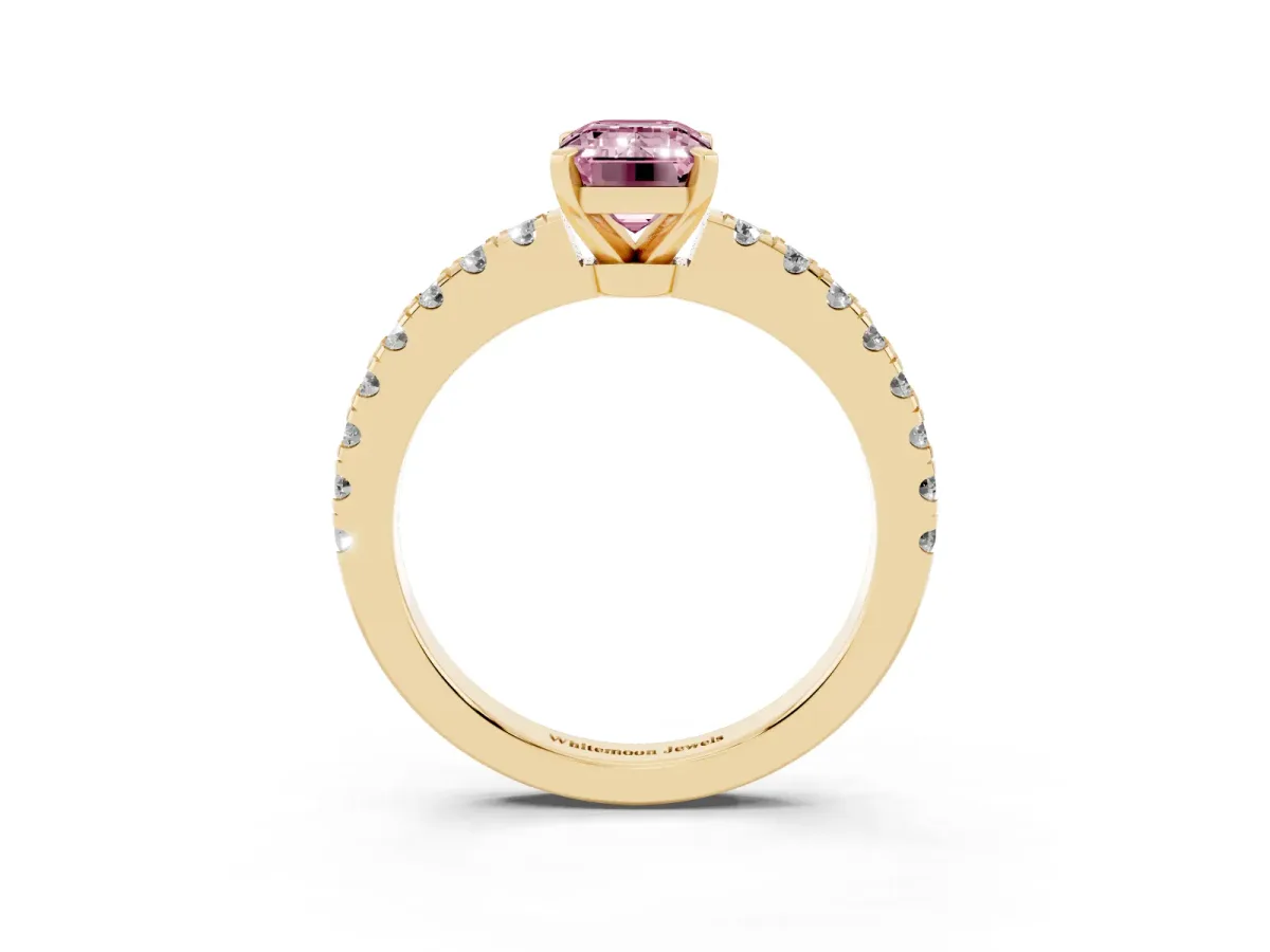 Fancy Pink Emerald Cut Solitaire Diamond with Pavé Band and Four-Prong Setting Yellow gold