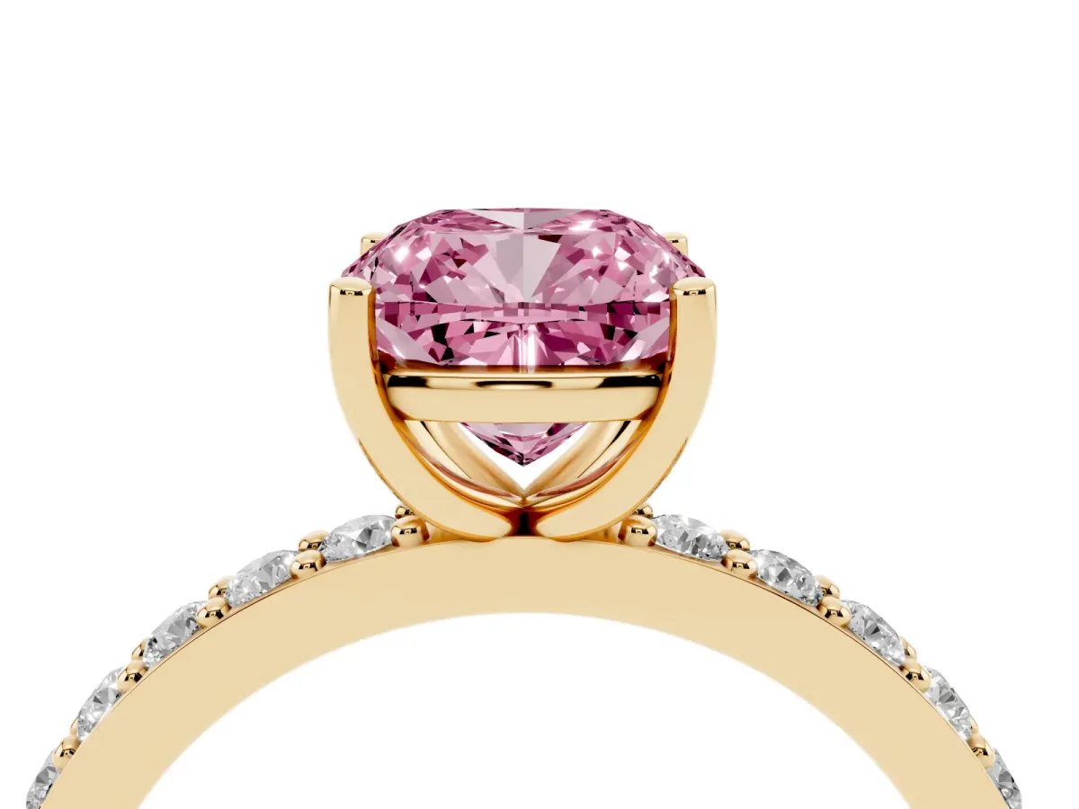 Fancy Pink Cushion Cut Cut Diamond Solitaire with Pave Band and Four-Prong Setting Yellow gold