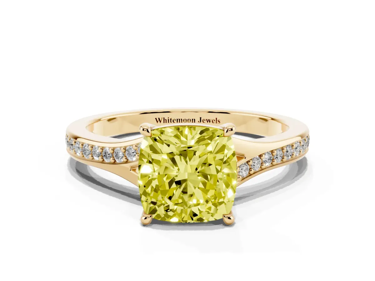Fancy Yellow Cushion Cut Diamond Solitaire Ring with Pavé Band and Prong Setting Yellow gold