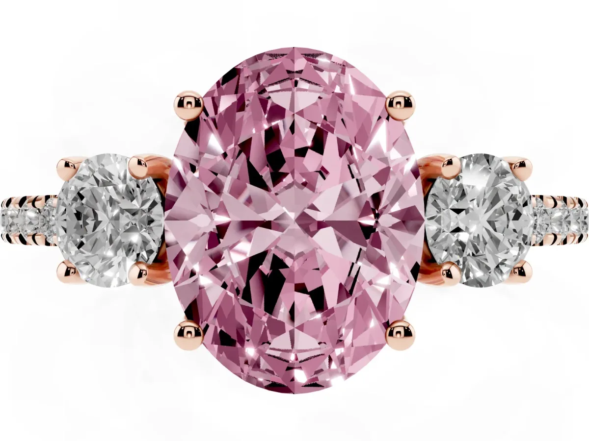 Fancy Pink Three-Stone Oval Cut Cut Diamond Pavé Band with Prong Setting Rose gold