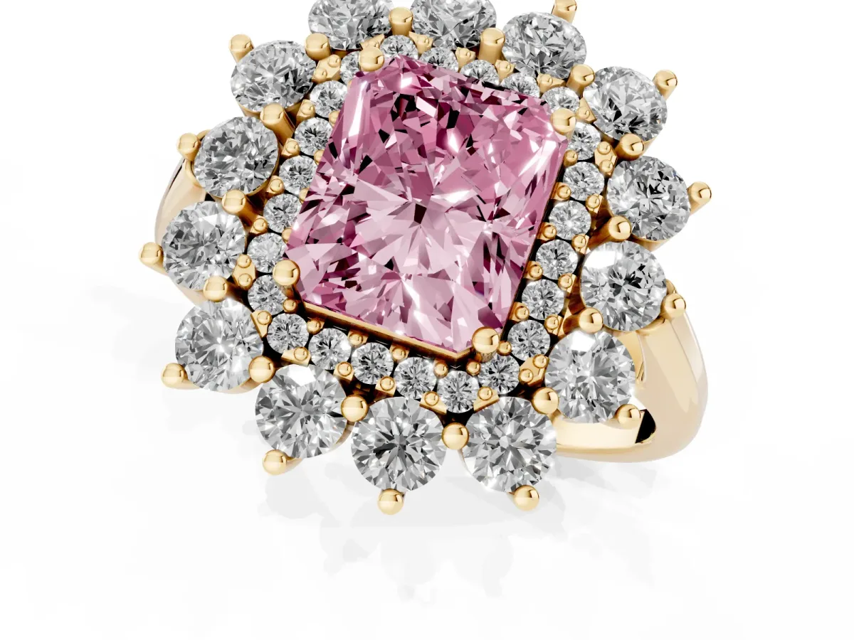 Fancy Pink Radiant Cut Diamond Floral Double Halo Engagement Ring with Prong Setting Yellow gold