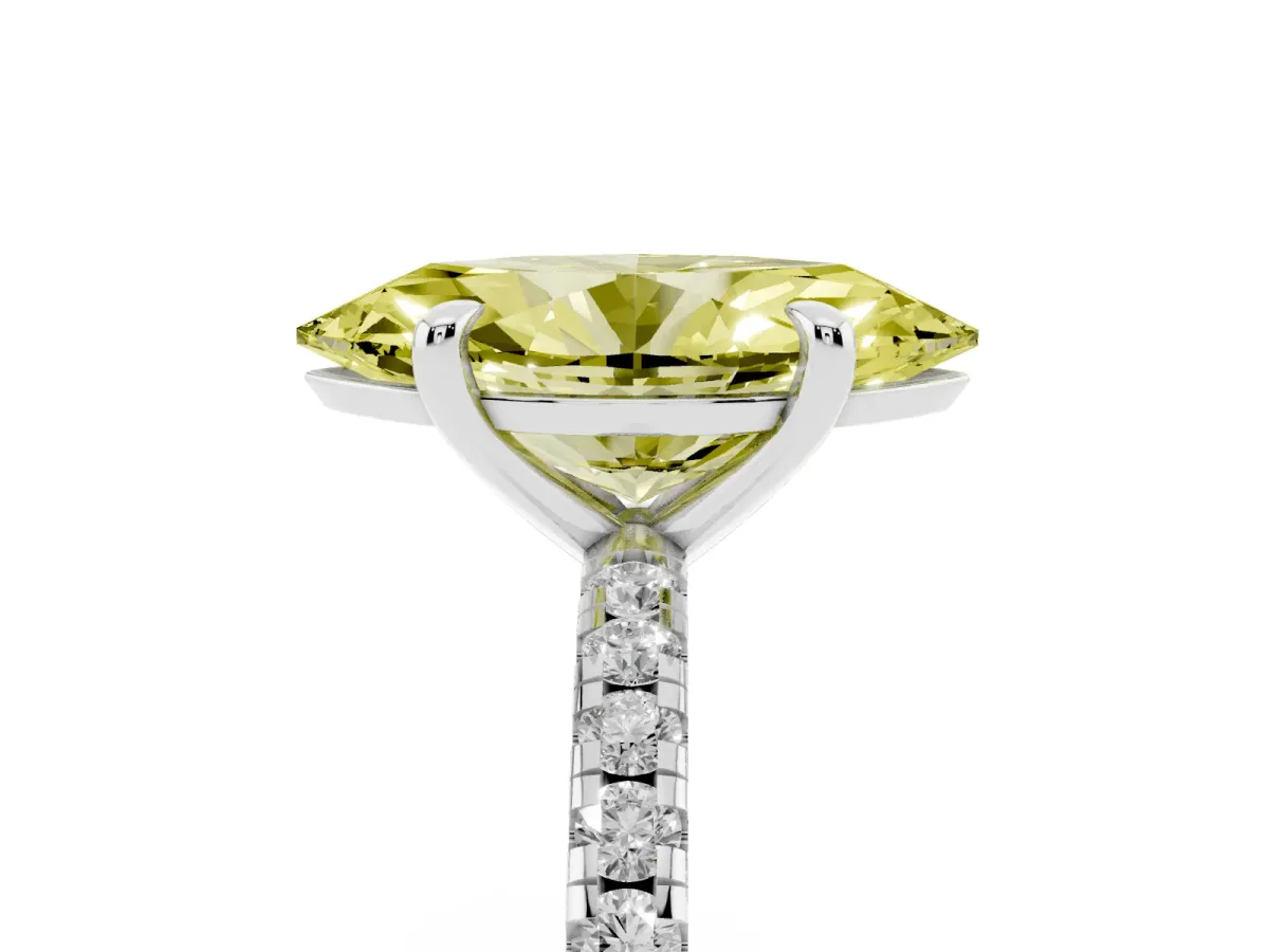 Fancy Yellow Marquise Cut Diamond Brilliant Solitaire Ring with Pavé Band and Four-Prong Setting Platinum