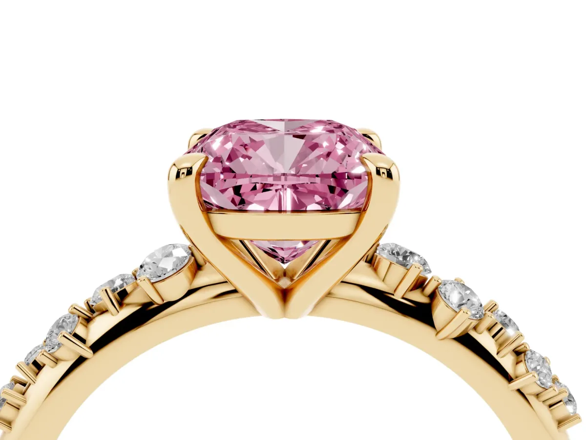 Fancy Pink Cushion Cut Cut Diamond Vine Band with Four-Prong Setting Yellow gold