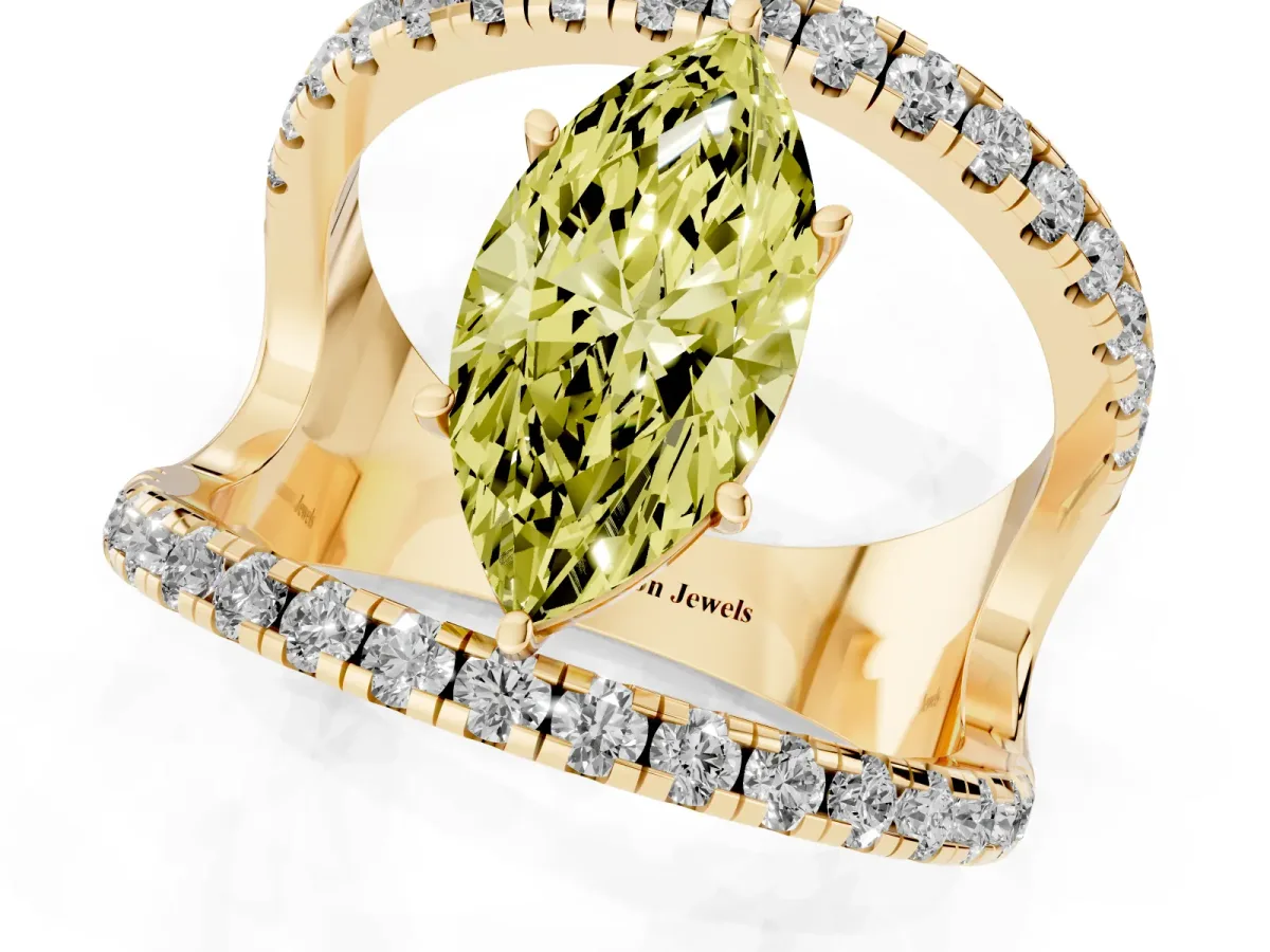 Fancy Yellow Marquise Cut Solitaire Split Shank Pave Diamond Ring Yellow gold