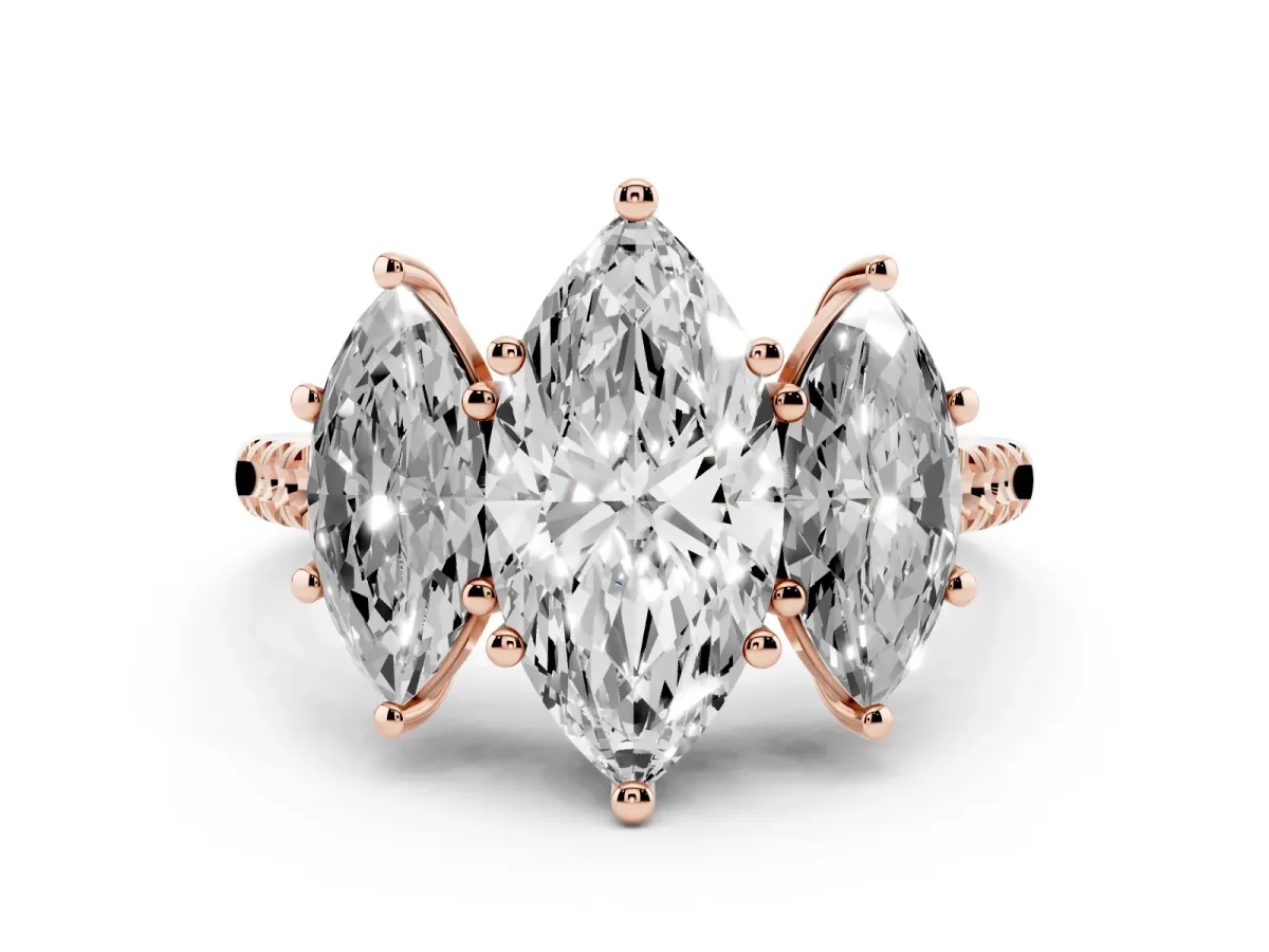 Three-Stone Marquise Cut Diamond Ring with Round Pavé Band and Prong Setting Rose gold