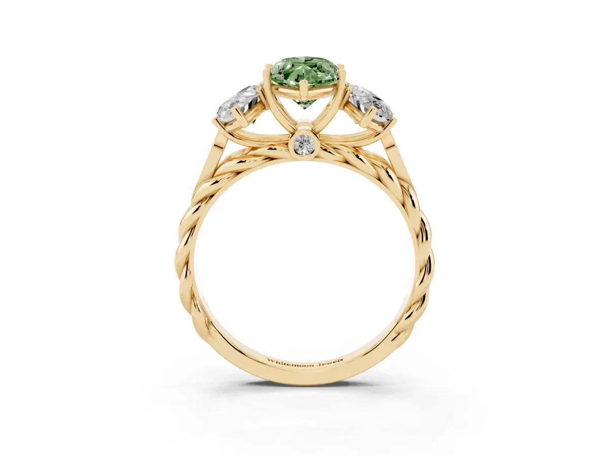 Fancy Green Three-Stone Marquise Cut Diamond Braided Band Ring with Four-Prong Setting Yellow gold