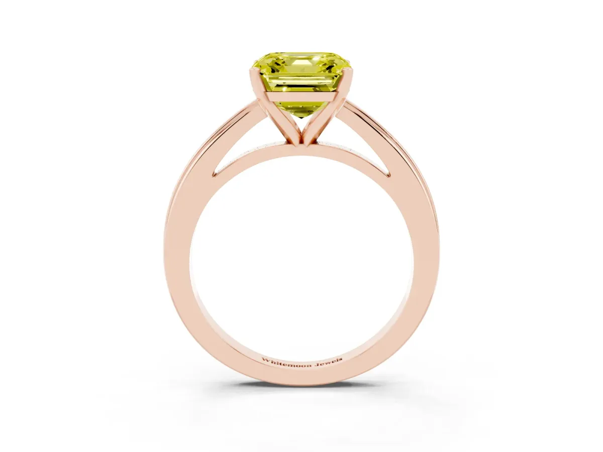 Fancy Yellow Asscher Cut Solitaire Diamond Ring with Four-Prong Setting and Classic Band Rose gold