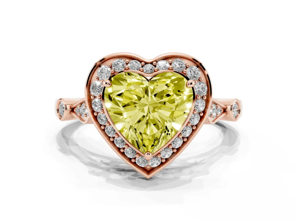 Fancy Yellow Heart Cut Halo Diamond Engagement Ring with Twisted Band and Four-Prong Setting Rose gold