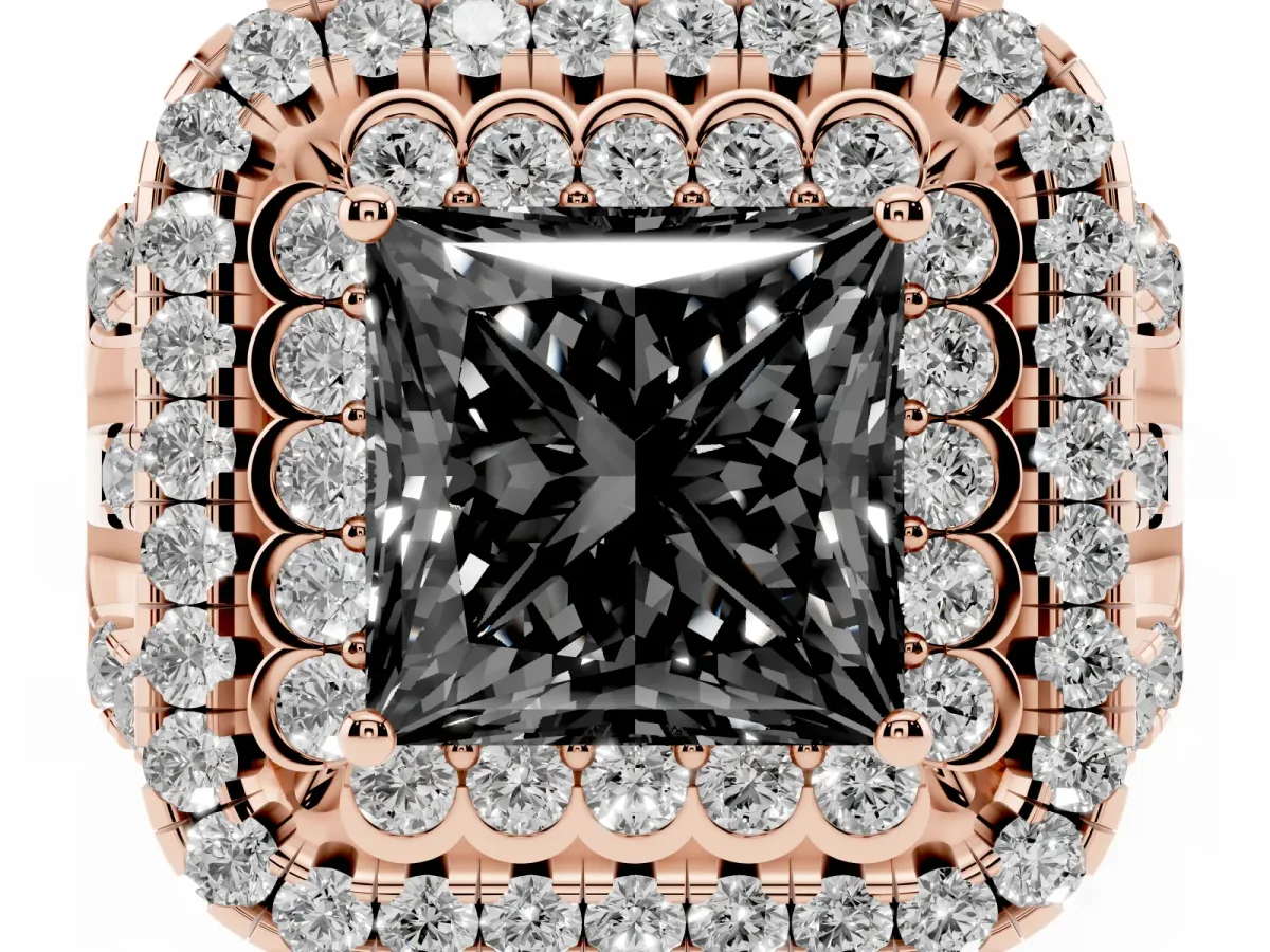 Fancy Black Princess Cut Diamond Double Halo Ring with Round Pavé Split Shank and Prong Setting Rose gold