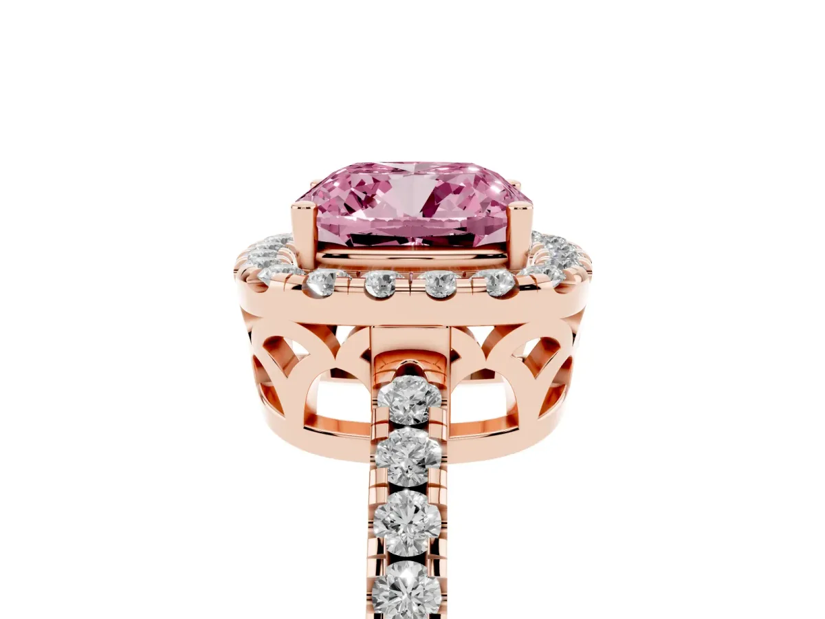 Fancy Pink Cushion Cut Halo Diamond Engagement Ring with Pavé Band and Four-Prong Setting Rose gold