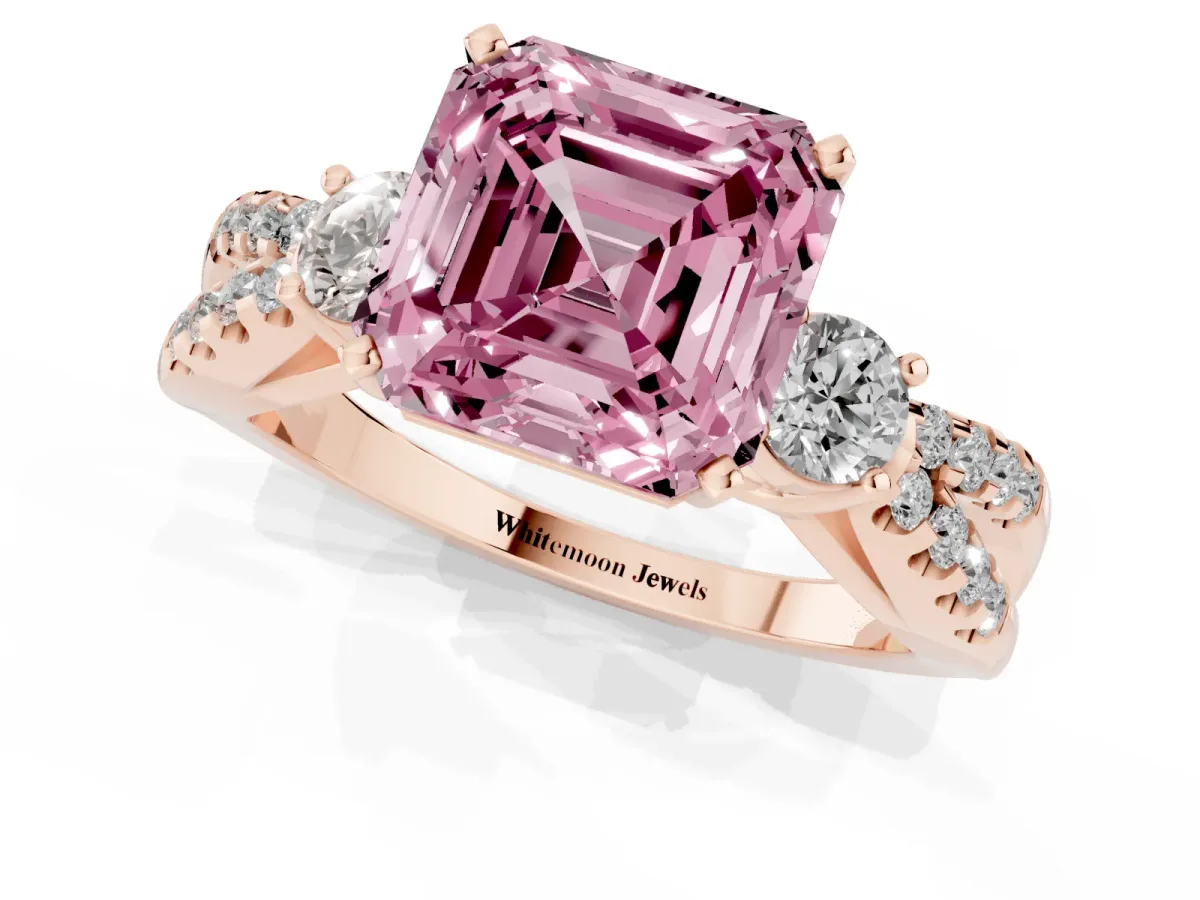 Fancy Pink Asscher Cut Diamond Three-Stone Ring with Pavé Split Shank and Four-Prong Setting Rose gold