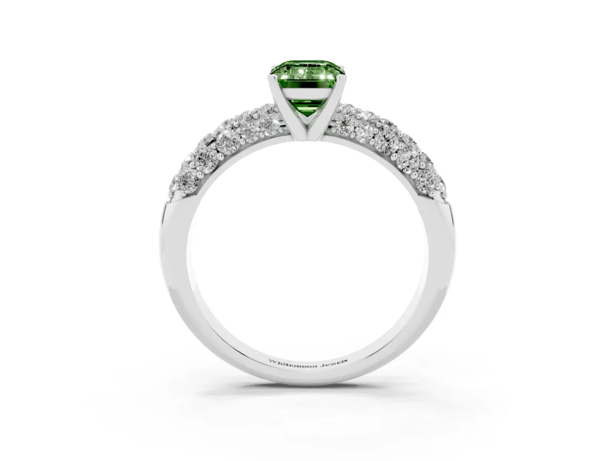 Fancy Green Emerald Cut Diamond Pavé Band Solitaire Ring with Four-Prong Setting Silver