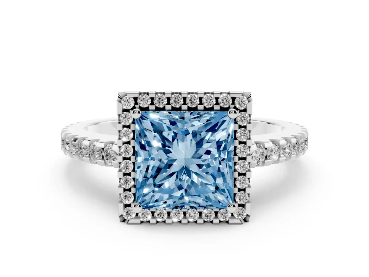 Fancy Blue Princess Cut Diamond Halo Engagement Ring with Pavé Band and Prong Setting Silver