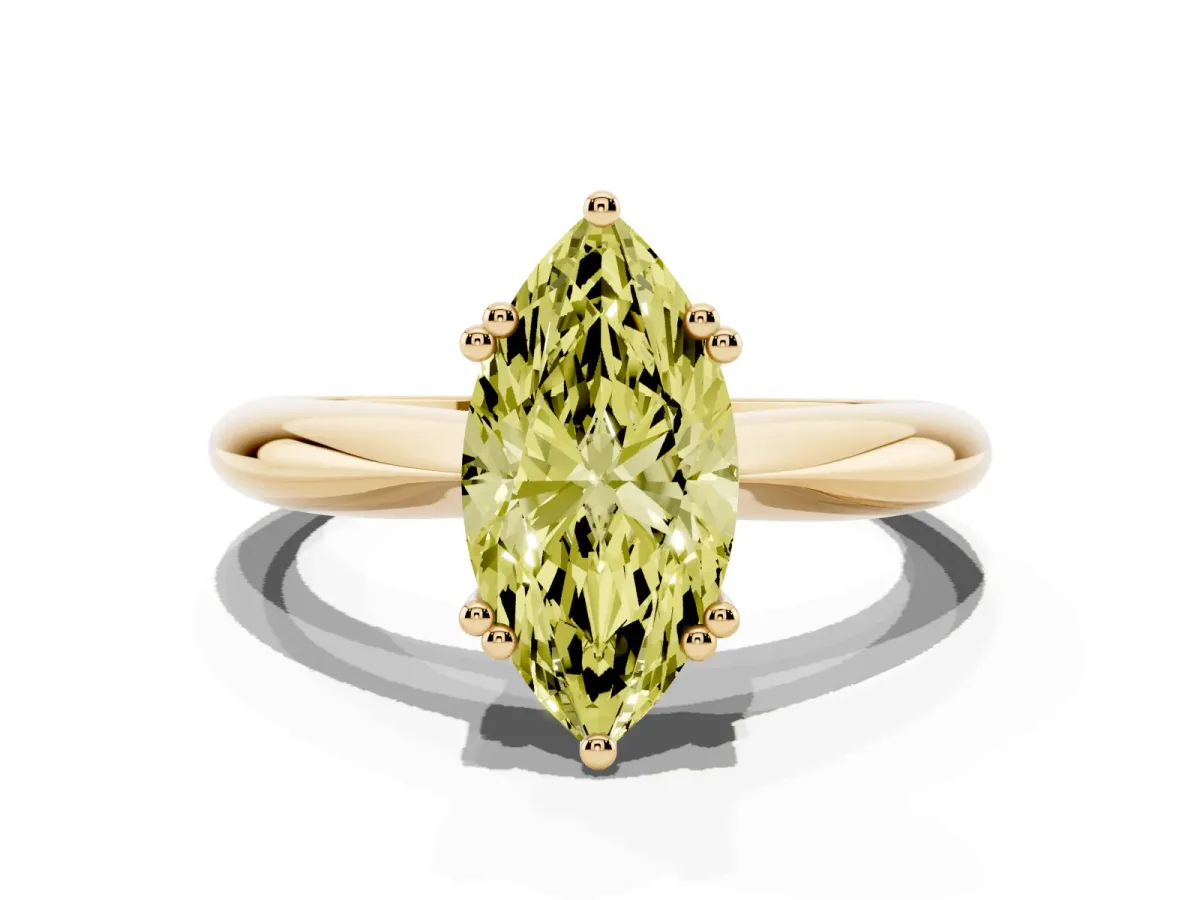 Fancy Yellow Marquise Cut Cut Solitaire Engagement Ring with Tapered Band and Four-Prong Setting Yellow gold