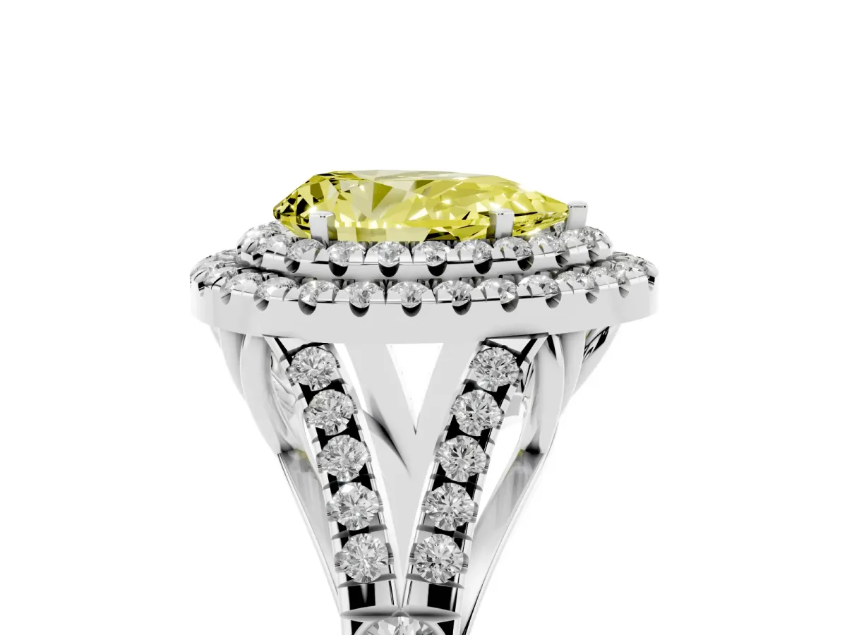 Fancy Yellow Pear Cut Diamond Pavé Split Shank Double Halo Engagement Ring Silver