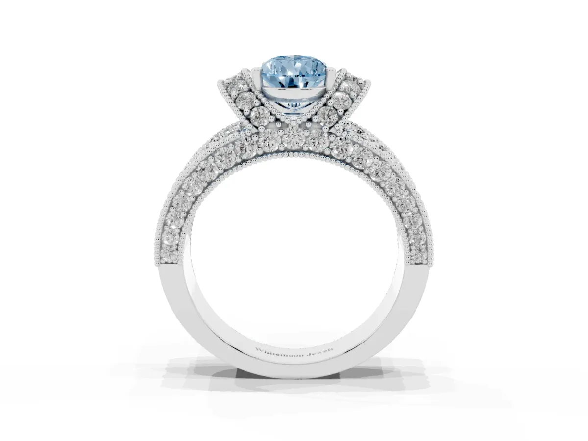 Fancy Blue Pear Cut Halo Pave Diamond Engagement Ring with Milgrain Detailing Platinum
