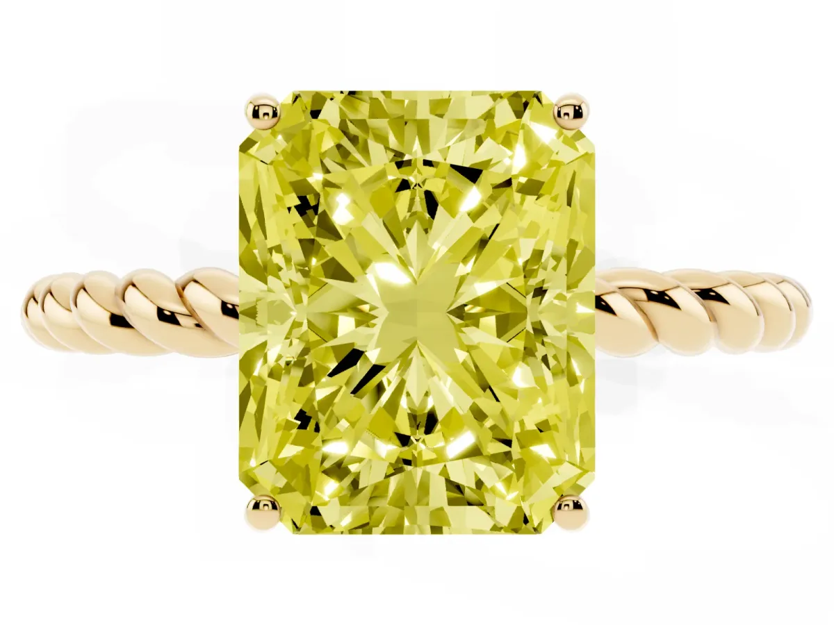 Fancy Yellow Radiant Cut Solitaire Twist Band Ring with Four-Prong Setting Yellow gold