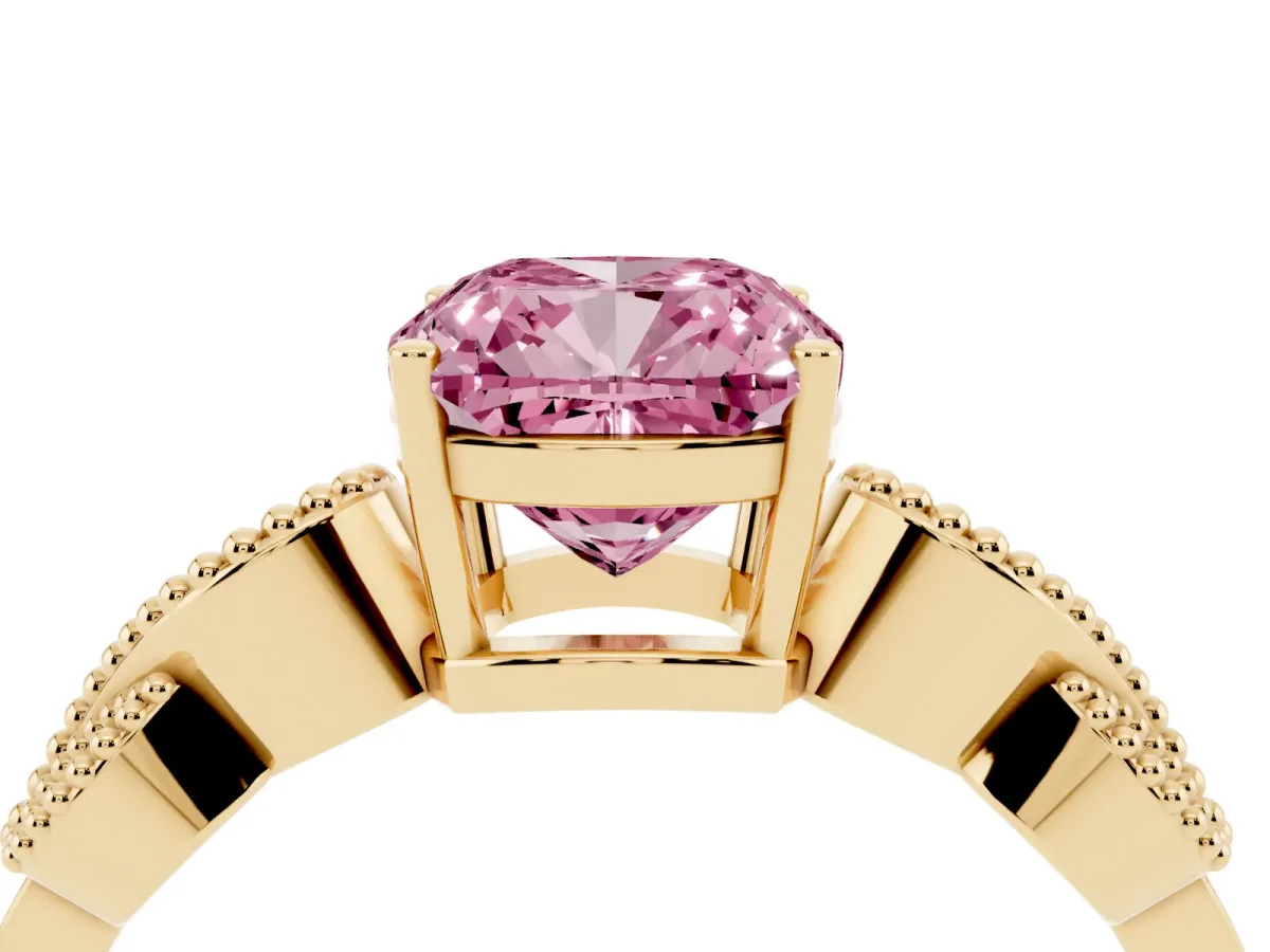 Fancy Pink Cushion Cut Solitaire Milgrain Leaf Band with Prong Setting Yellow gold