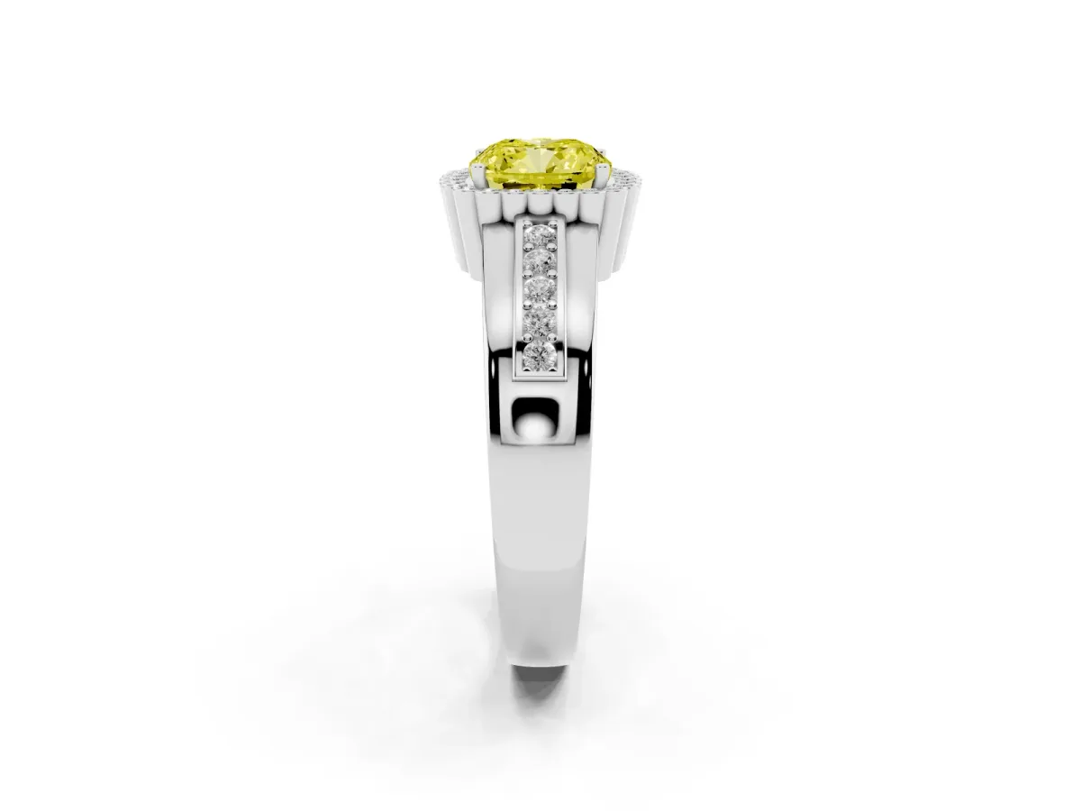Fancy Yellow Cushion Cut Cut Halo Pave Band Four-Prong Ring White gold