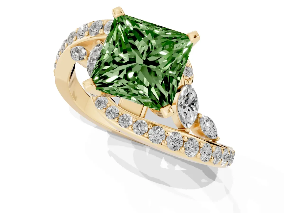 Fancy Green Princess Cut Solitaire with Pavé Twist Band and Four-Prong Setting Yellow gold
