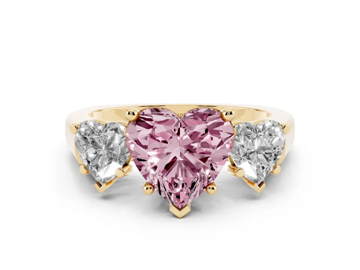 Fancy Pink Three-Stone Heart Cut Brilliant Diamond Trellis Ring with Comfort Fit Band Yellow gold