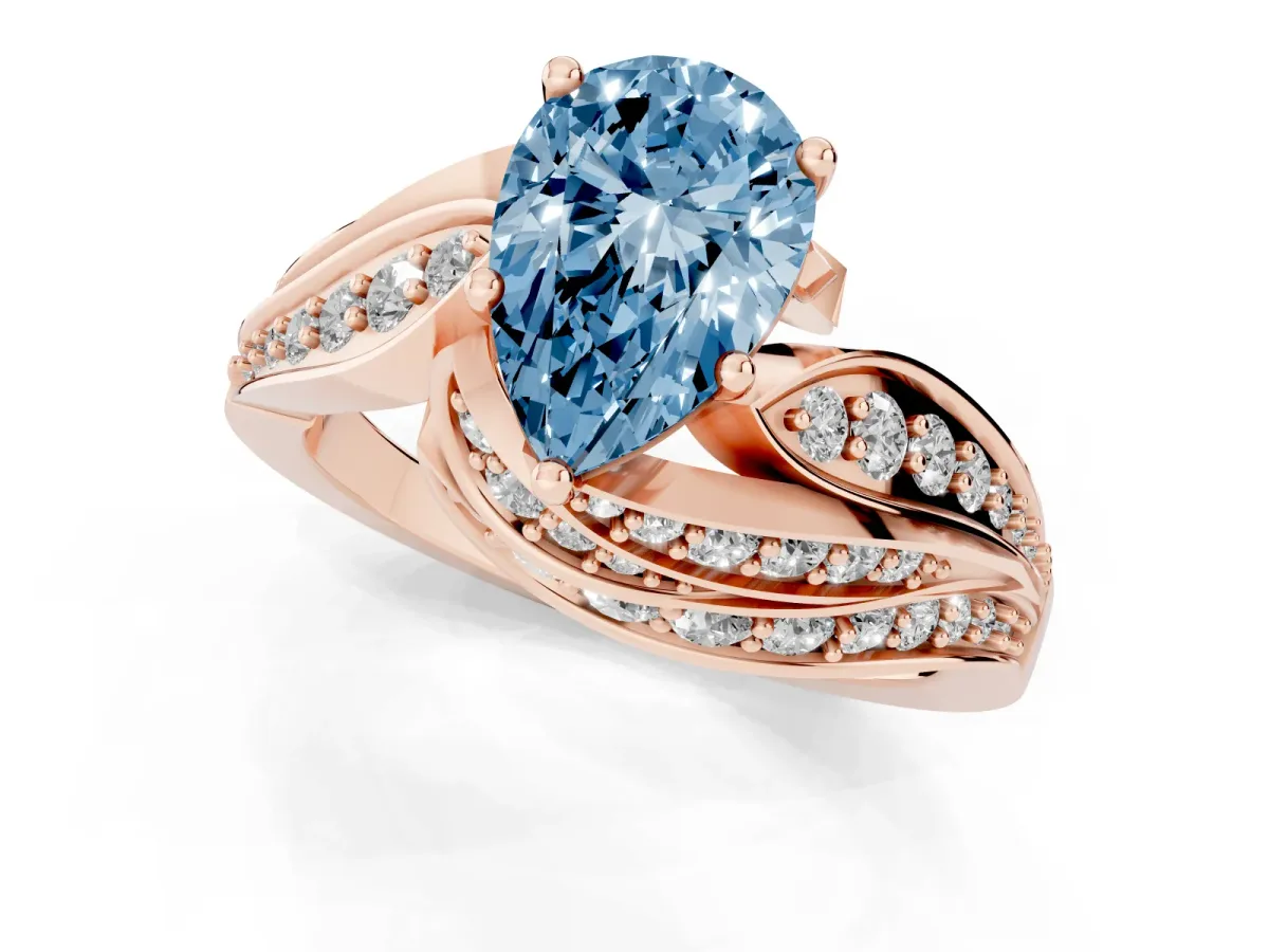 Fancy Blue Pear Cut Diamond Solitaire Ring with Prong Setting and Twisted Pavé Band Rose gold