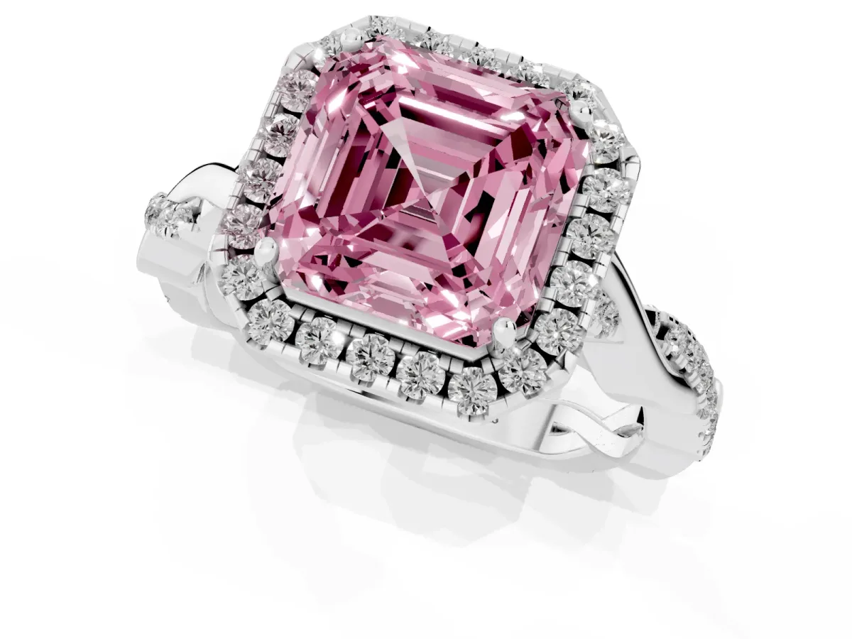 Fancy Pink Asscher Cut Halo Twist Band Solitaire Ring Silver
