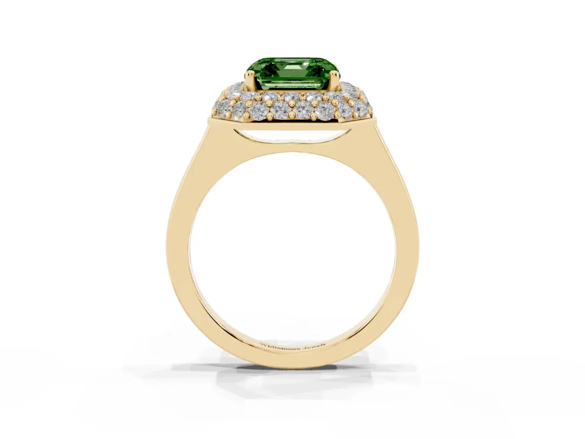 Fancy Green Asscher Cut Halo Diamond Engagement Ring with Solitaire Band and Four-Prong Setting Yellow gold