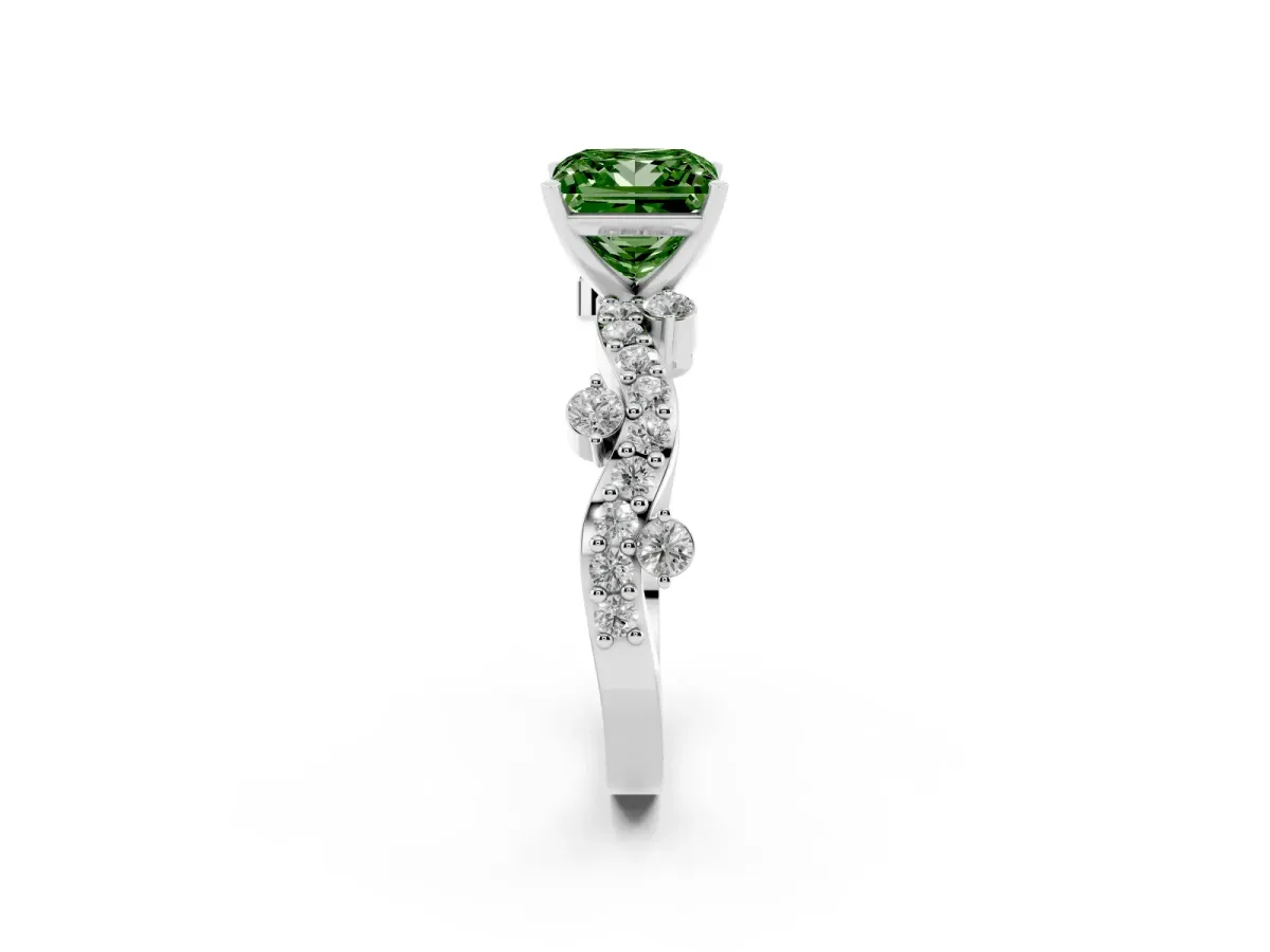 Fancy Green Princess Cut Cut Solitaire Diamond Twisted Band with Pave Setting Platinum