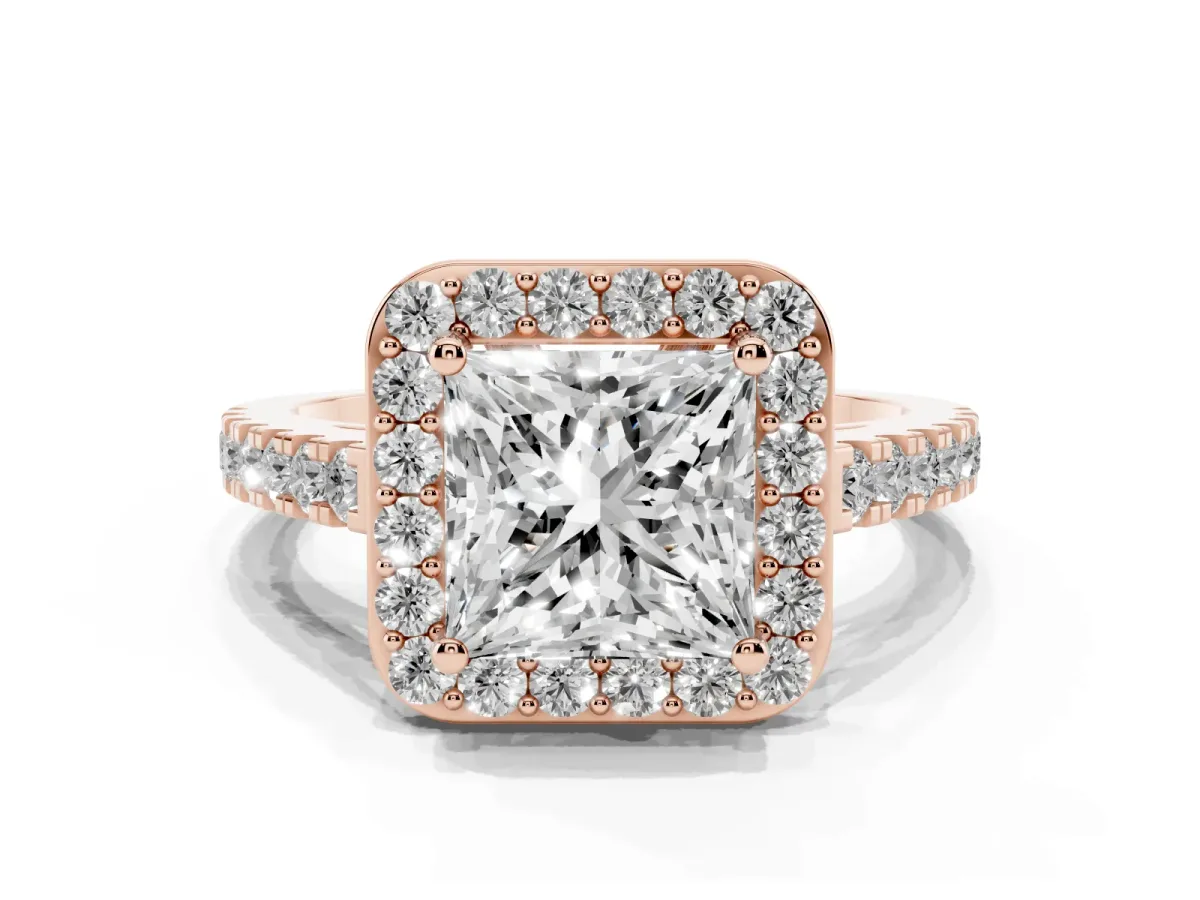 Princess Cut Diamond Halo Ring with Round Pavé Split Shank and Prong Setting Rose gold