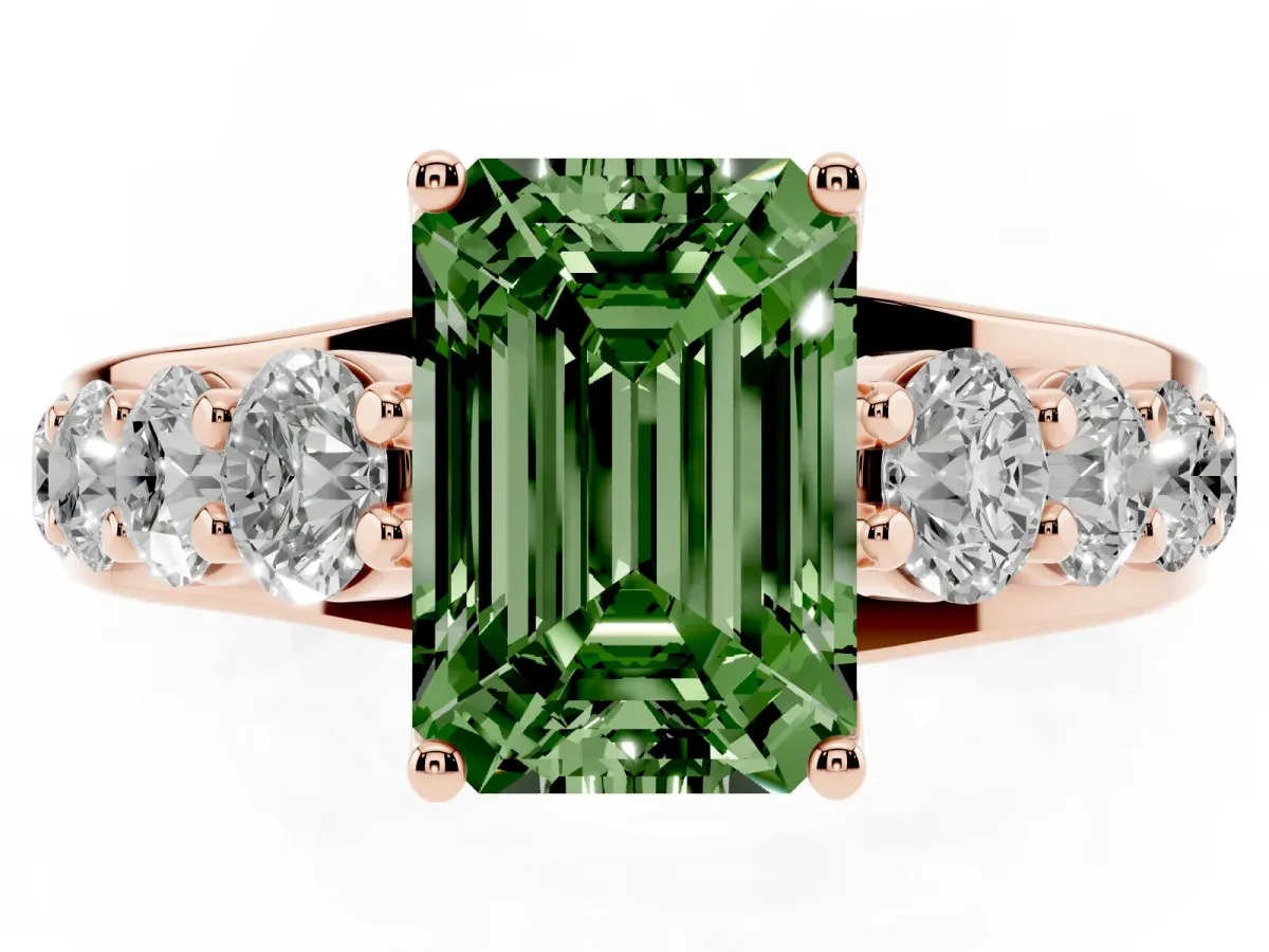 Fancy Green Emerald Cut Diamond Engagement Ring with Pavé Band and Four-Prong Setting Rose gold