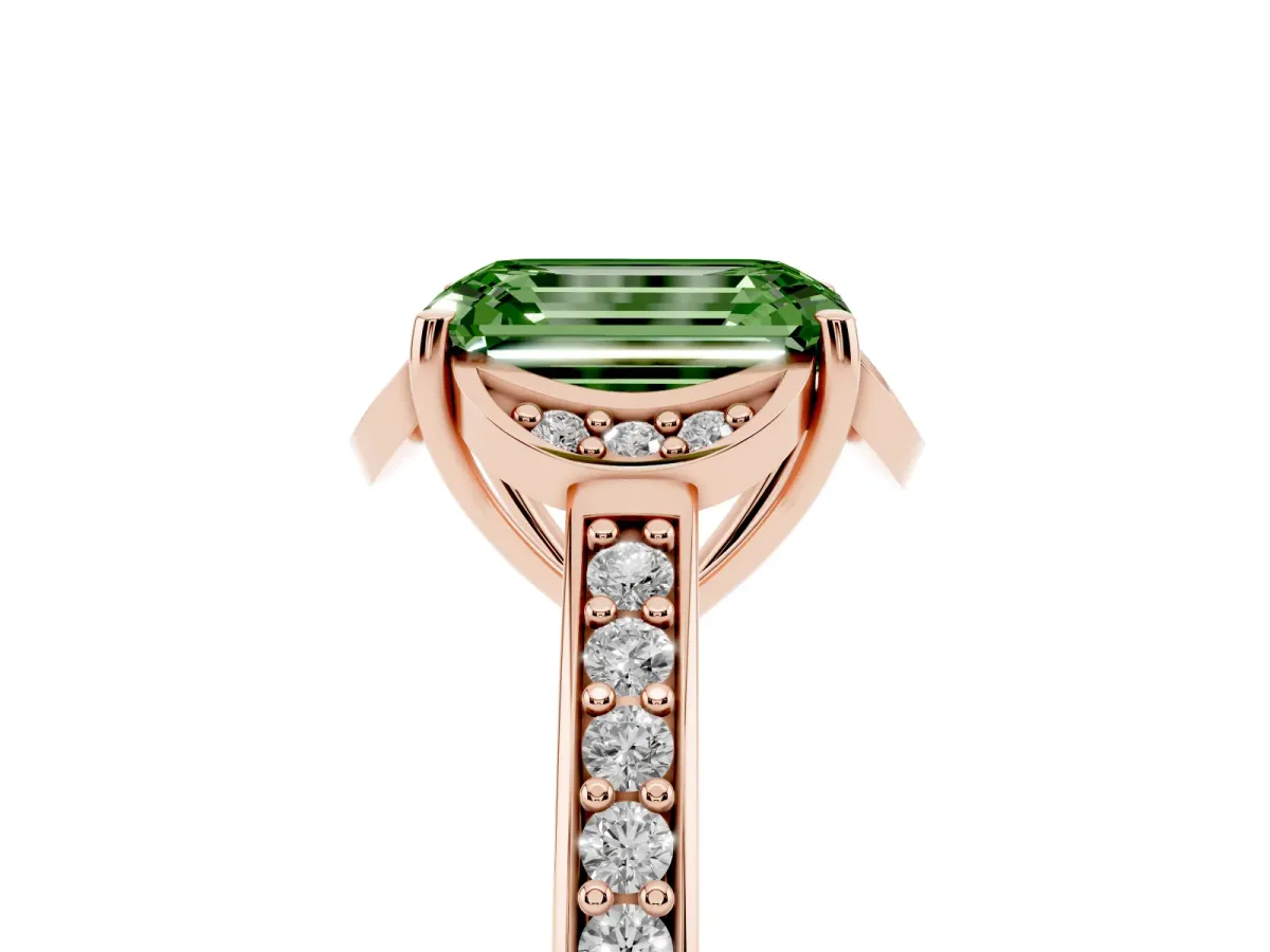Fancy Green Emerald Cut Cut Halo Diamond Ring with Channel Set Band and Four-Prong Setting Rose gold