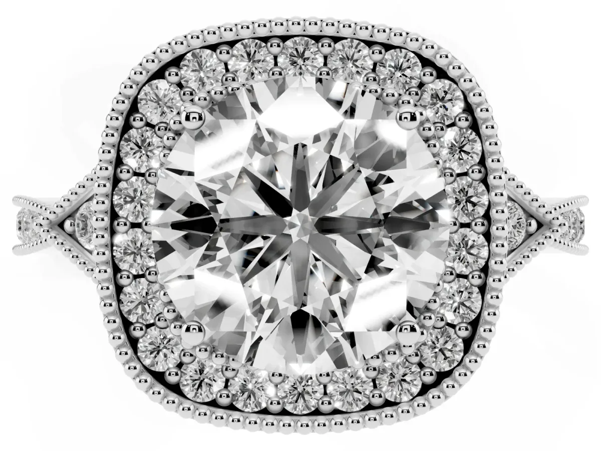 Round Cut Halo Round Diamond Milgrain Pave Engagement Ring Silver
