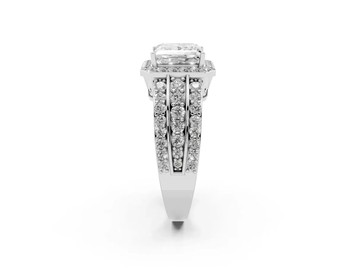 Princess Cut Halo Diamond Ring with Round Split Shank and Prong Setting Silver
